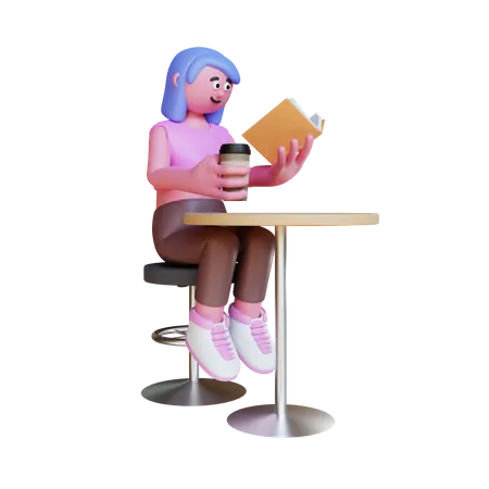 Mulher Sentada Na Cadeira Lendo Um Livro E Segurando Um Café  3D Illustration