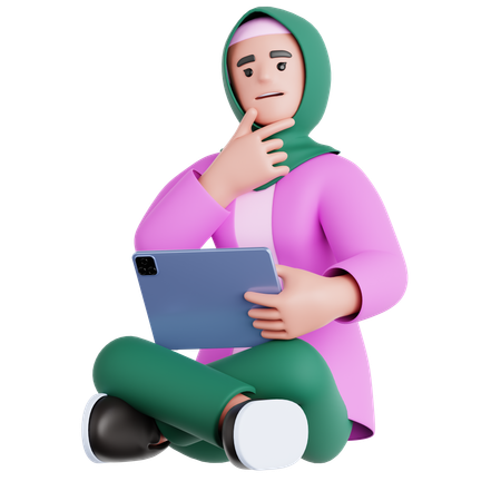 Mulher sentada com um pensamento e segurando um tablet  3D Illustration