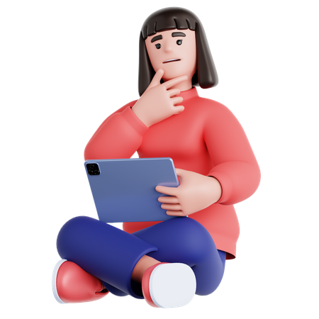 Mulher sentada com um pensamento e segurando um tablet  3D Illustration