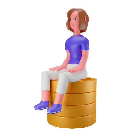 Mulher sentada sobre moedas empilhadas  3D Illustration