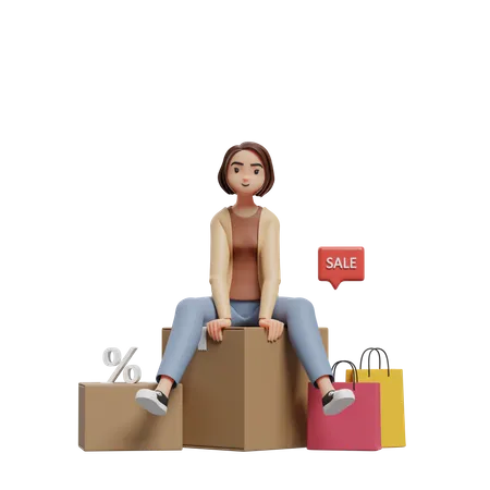 Mulher sentada em uma caixa de compras  3D Illustration