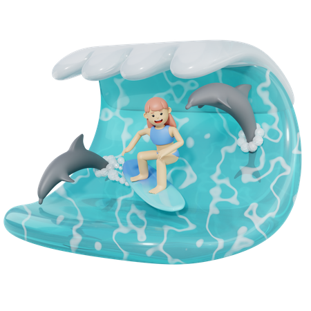 Mulher surfando na onda do mar  3D Illustration
