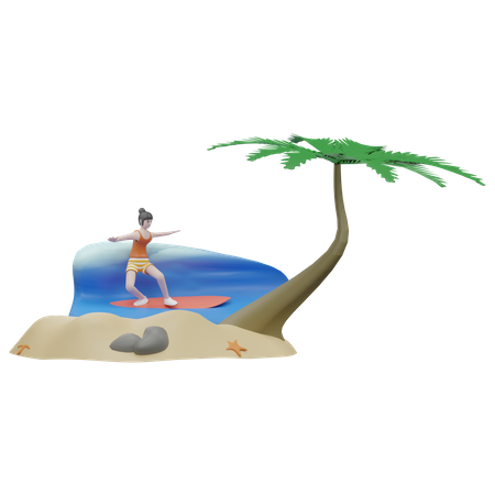 Mulher surfando na prancha de surf  3D Illustration