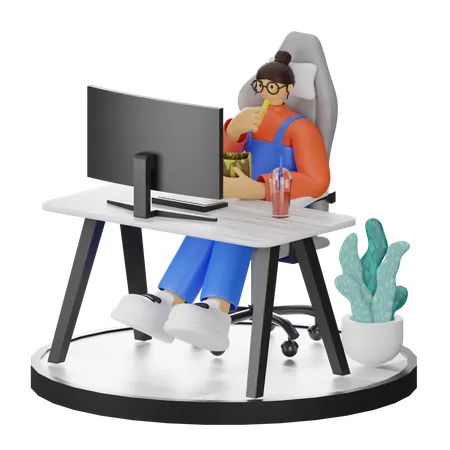 Mulher trabalhando no computador enquanto come lanche  3D Illustration