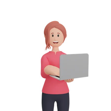 Mulher Sorridente Segurando Uma Ilustracao 3 D De Laptop 3D Illustration