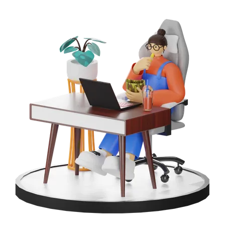 Mulher trabalhando no laptop enquanto come lanche  3D Illustration