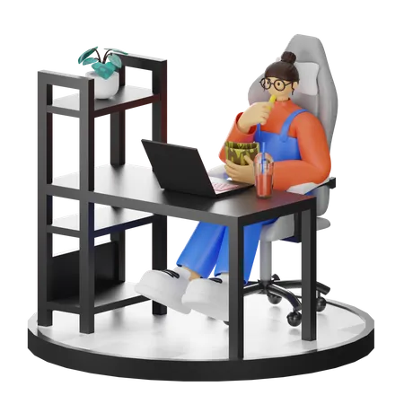 Mulher trabalhando no laptop enquanto come lanche  3D Illustration