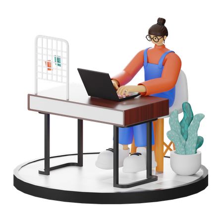 Mulher trabalhando no laptop no escritório  3D Illustration