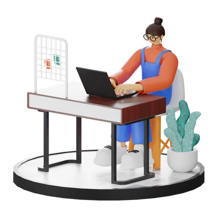 Mulher trabalhando no laptop no escritório  3D Illustration