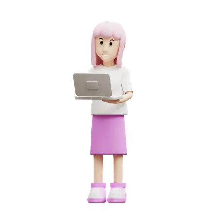 Mulher traz laptop  3D Illustration