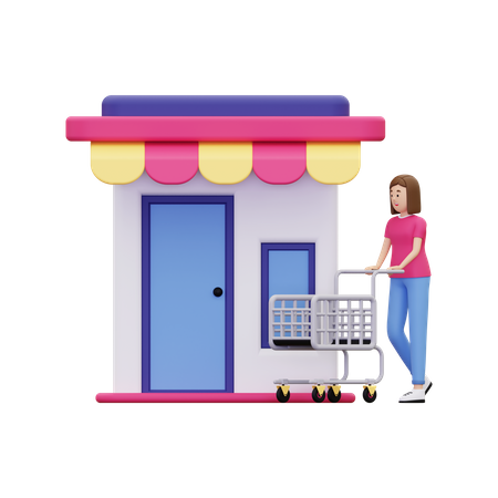 Mulher usa carrinho de compras enquanto fazia compras em uma loja  3D Illustration