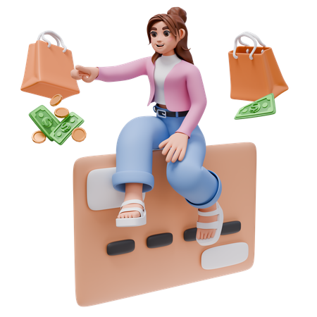 Mulher usando cartão de crédito fazendo compras pagamento com sacola de compras  3D Icon