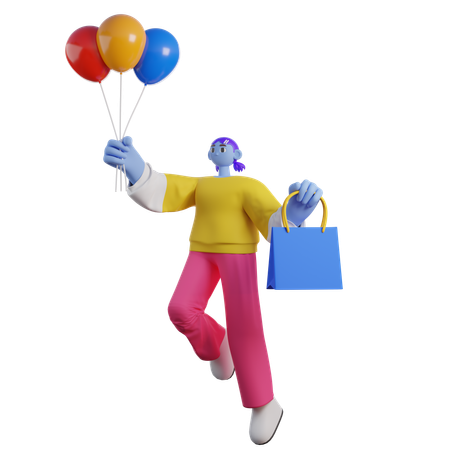Mulher voa segurando balões e sacolas de compras  3D Illustration