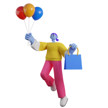 Mulher voa segurando balões e sacolas de compras  3D Illustration
