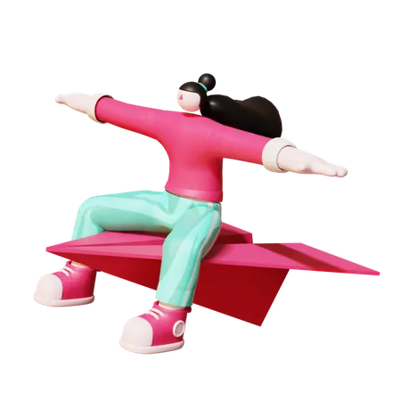 Mulher voando em avião de papel  3D Illustration