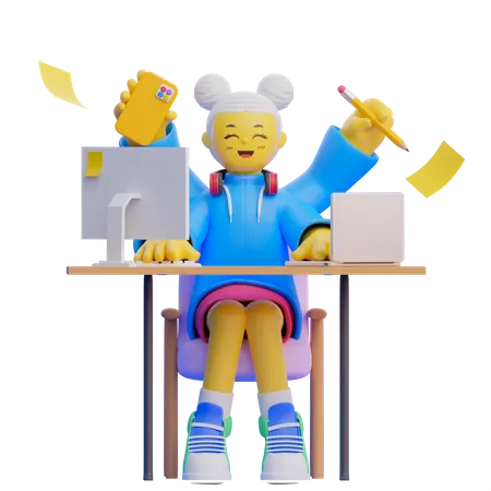 Workaholic Lisa Does Many Things At Once 3D Illustration