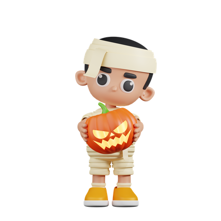 Mummy Holding Halloween Pumpkin  3D Illustration