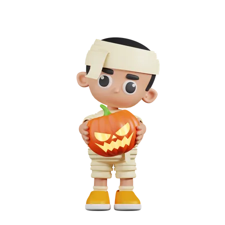 Mummy Holding Halloween Pumpkin  3D Illustration