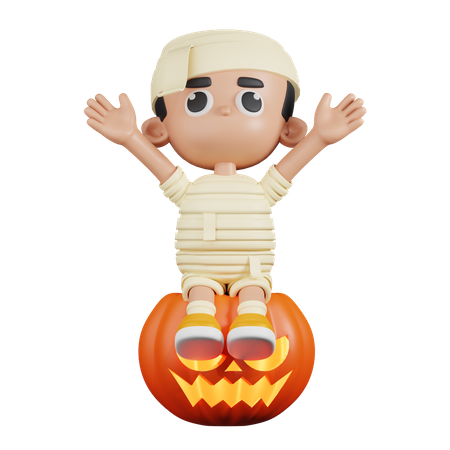 Mummy Sitting on Big Pumpkin  3D Illustration