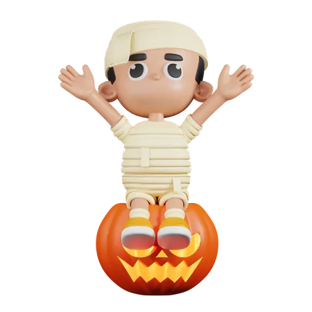 Mummy Sitting on Big Pumpkin  3D Illustration