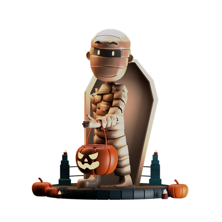 Mummy Walking With Scary Pumpkin  3D Illustration