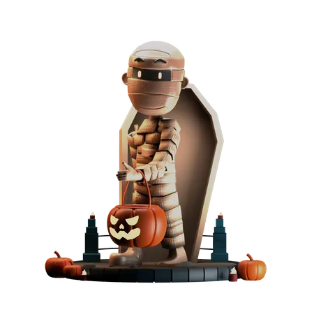Mummy Walking With Scary Pumpkin  3D Illustration
