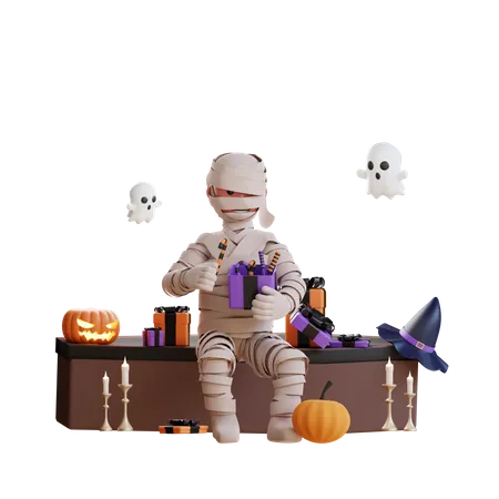 Mummy with Halloween chocolates  3D Illustration