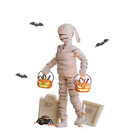 Mummy with scary pumkins filled with candies  3D Illustration