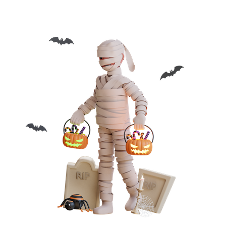 Mummy with scary pumkins filled with candies 3D Illustration