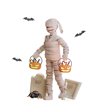 Mummy with scary pumkins filled with candies  3D Illustration