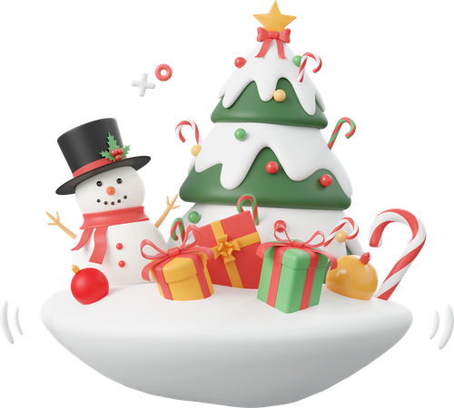 Muñeco de nieve con árbol de navidad y caja de regalo  3D Icon