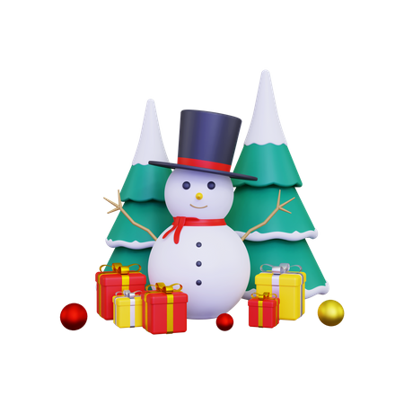 Muñeco de nieve con caja de regalo  3D Illustration