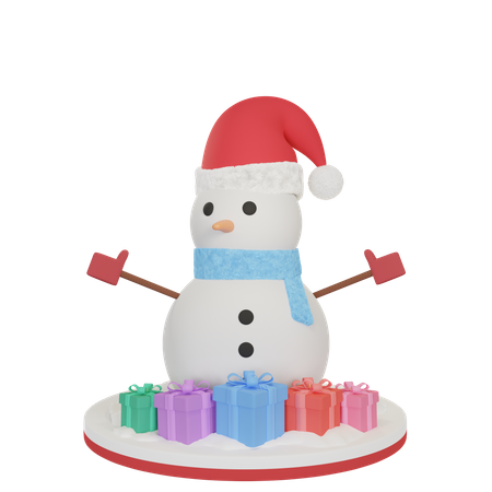Muñeco de nieve con regalo  3D Illustration