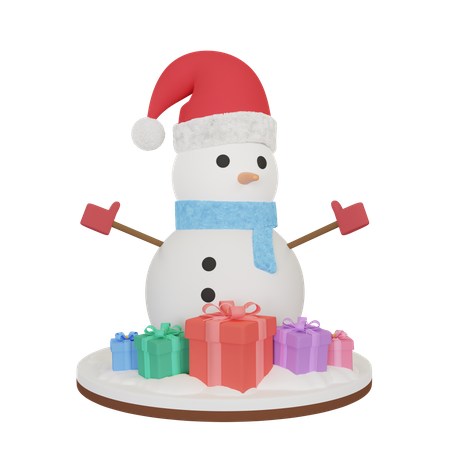 Muñeco de nieve con regalos  3D Illustration