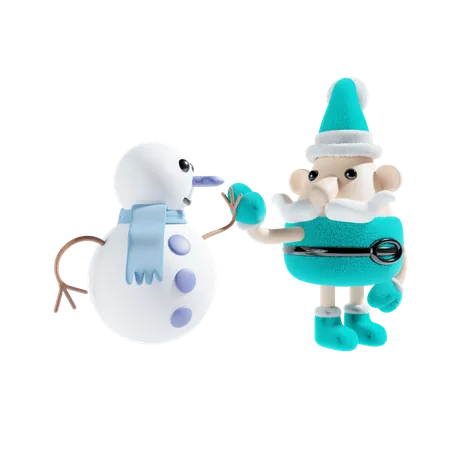 Muñeco de nieve con santa  3D Illustration