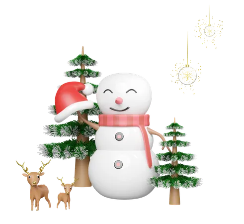 Muñeco de nieve está feliz por navidad  3D Illustration