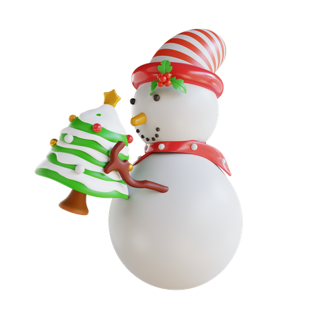 Muñeco de nieve sosteniendo el árbol de navidad  3D Illustration