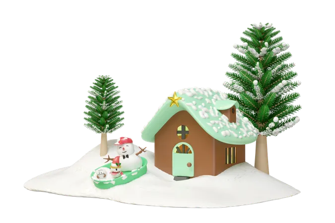 Muñeco de nieve y amigos monstruos  3D Illustration