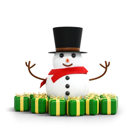 Muñeco de nieve y caja de regalo  3D Illustration