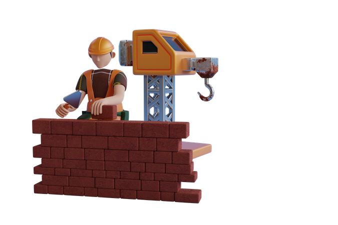 L'homme a construit un mur de briques sur le chantier de construction  3D Illustration