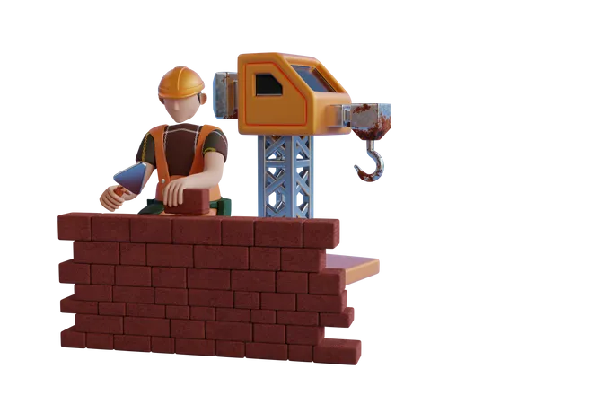 L'homme a construit un mur de briques sur le chantier de construction  3D Illustration