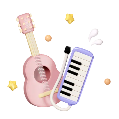 Music Instrument Cute Melodica And Guitar Isolated On Background Icon Symbol Clipping Path 3 D Render Illustration 3D Icon