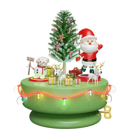 3 D Musical Box With Santa Claus Dance Snowman Deer Gift Box Glass Transparent Lamp Garlands Merry Christmas And Happy New Year 3 D Render Illustration 3D Icon