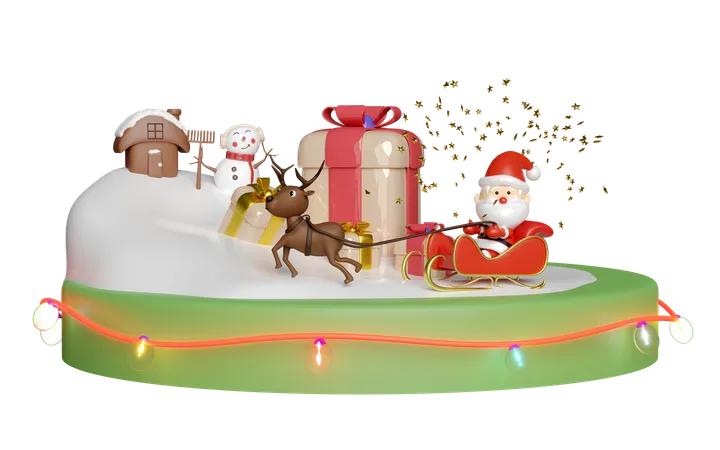 3 D Musical Box With Reindeer Santa Claus Sleigh Gift Box Snowman Snow Hill Glass Transparent Lamp Garlands Merry Christmas And Happy New Year 3 D Render Illustration 3D Icon