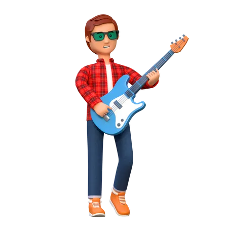 Musician Playing Electric Guitar  3D Illustration