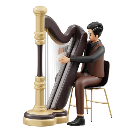 Musician Playing Harp  3D Illustration