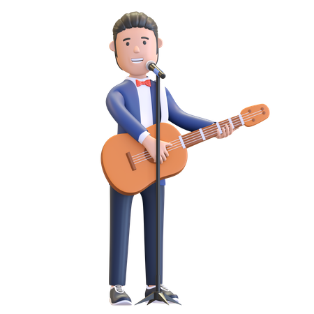 Musician singing while playing guitar 3D Illustration