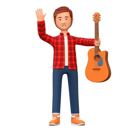 Músico tocando la guitarra acústica.  3D Illustration