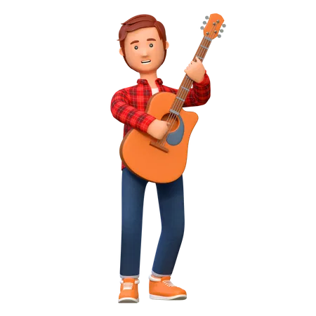 Músico tocando la guitarra acústica.  3D Illustration