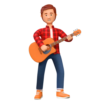 Músico tocando la guitarra acústica.  3D Illustration